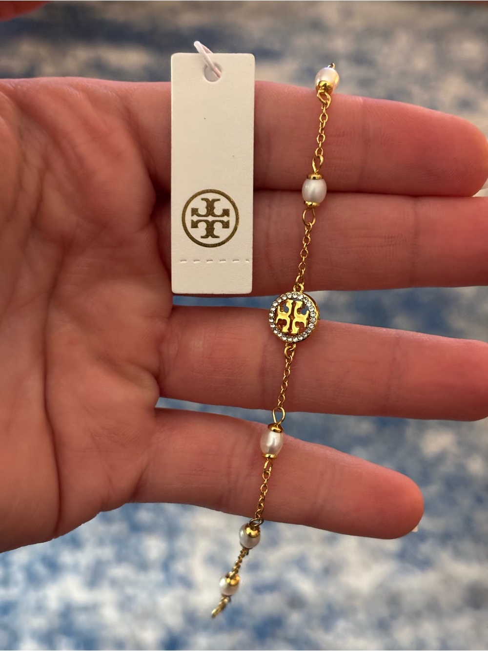 Tory Burch Gold Logo Pearl Station Bracelet with Crystal Accents - Picture 4 of 5
